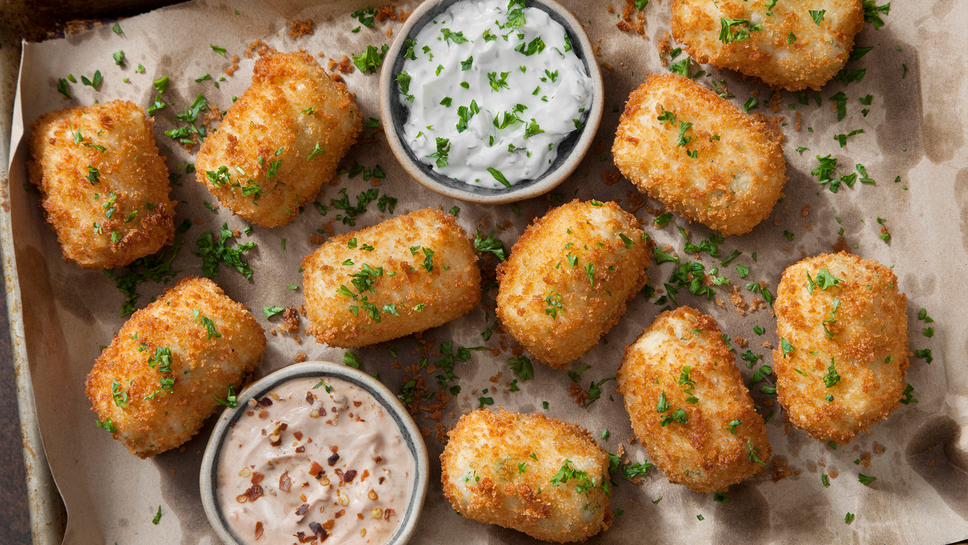 Cheese, bacon, potato and kale croquettes