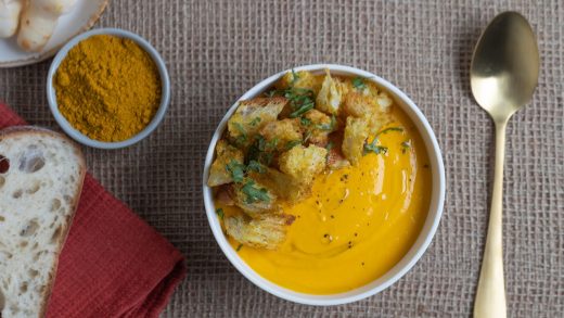 Carrot-Galangal Soup with Curried Croutons