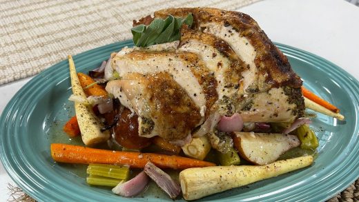 Whole roasted turkey breast with pears, parsnips and mustard