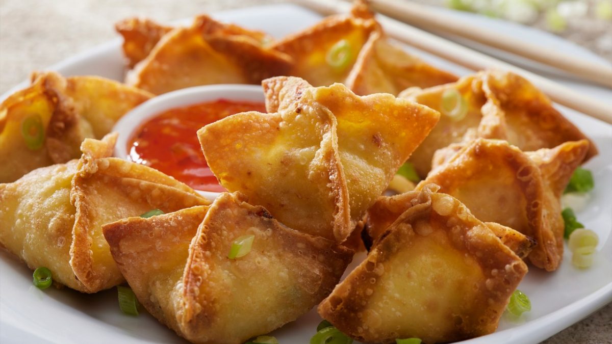 Five-spice fried pumpkin wontons with maple soy dipping sauce