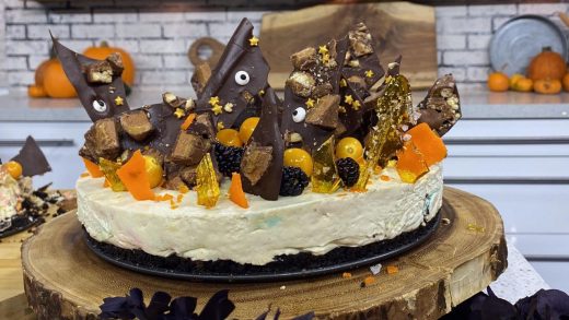 Salted caramel and chocolate Halloween candy cheesecake