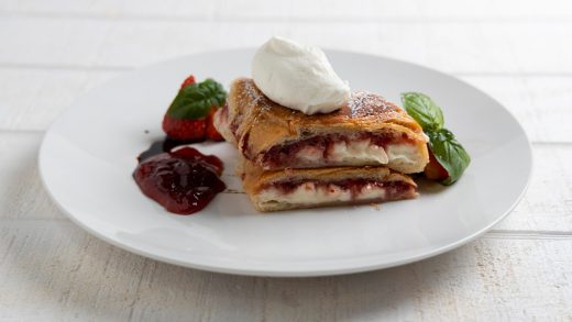 Pressed croissant with mascarpone and balsamic strawberries