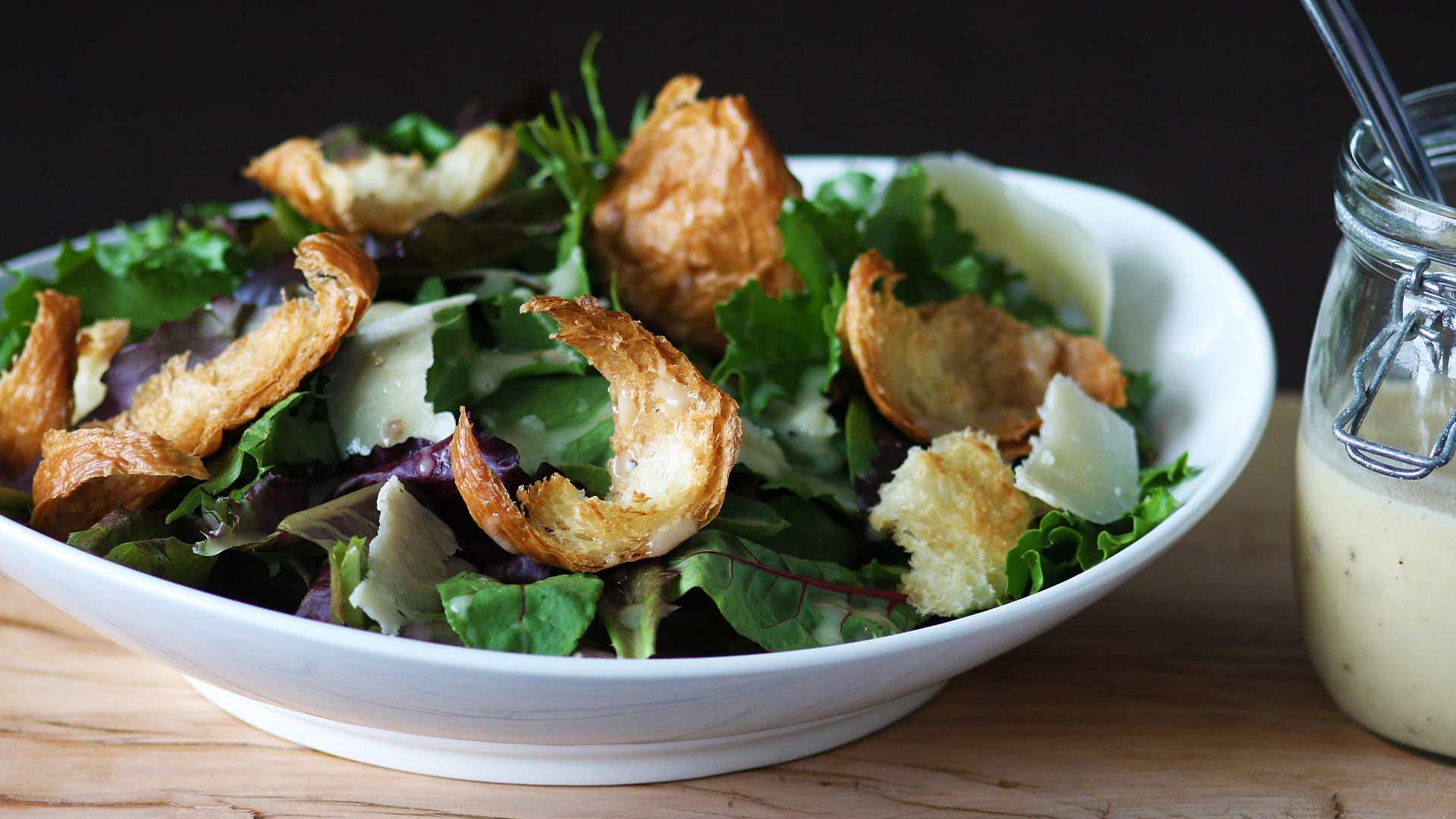 Spring Caesar salad with croissant croutons