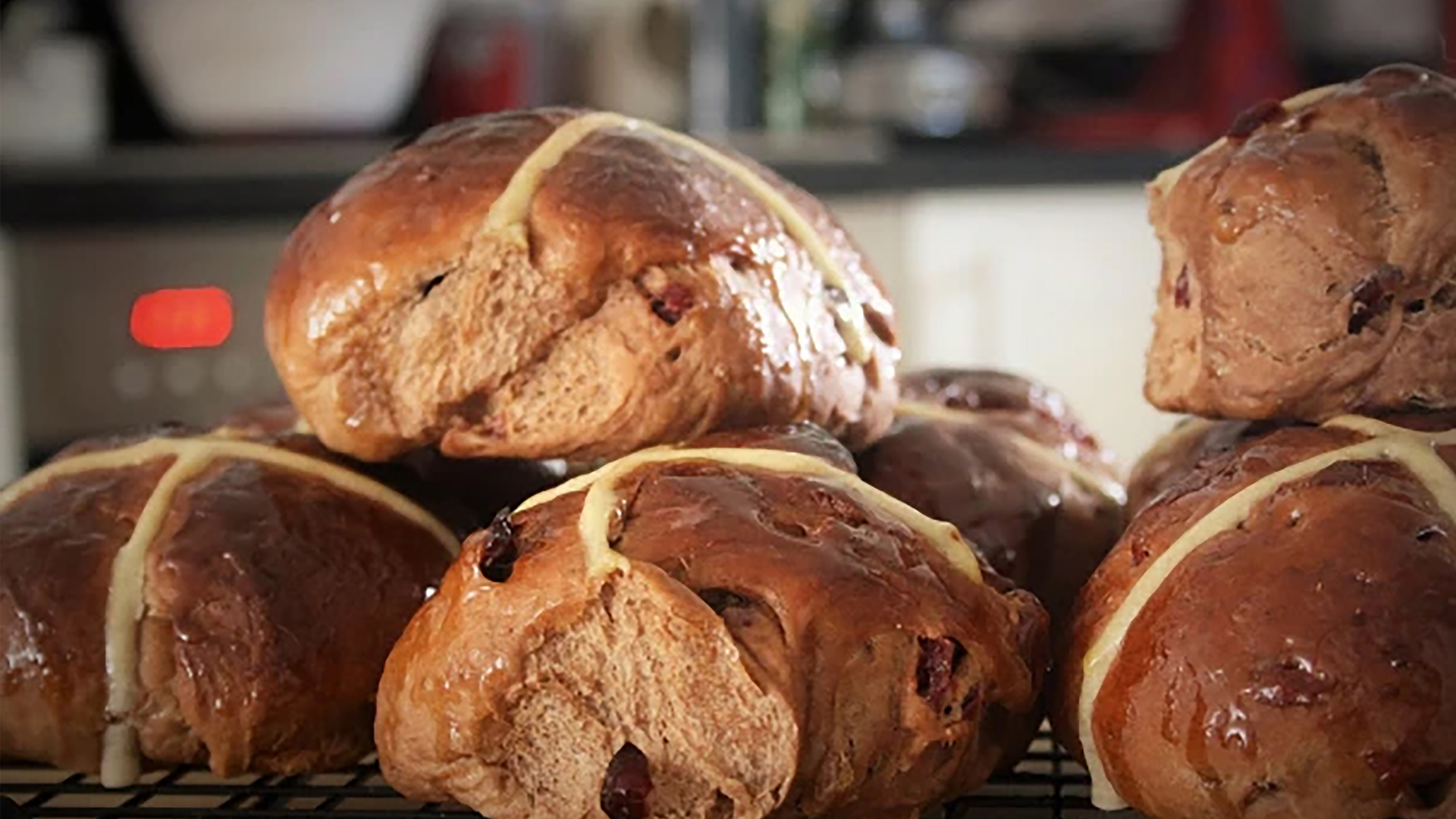 Pear, cranberry, and dark chocolate hot cross buns