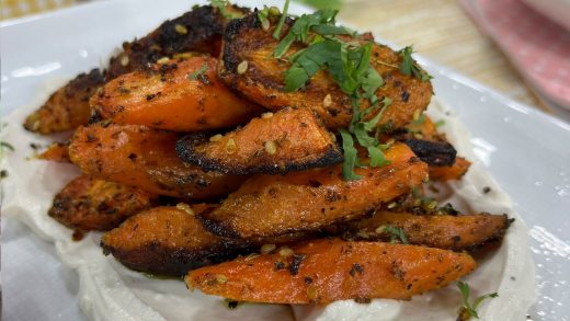 Carrots roasted with za’atar on labneh