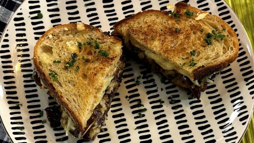 Mushroom bacon and onion grilled cheese sandwich
