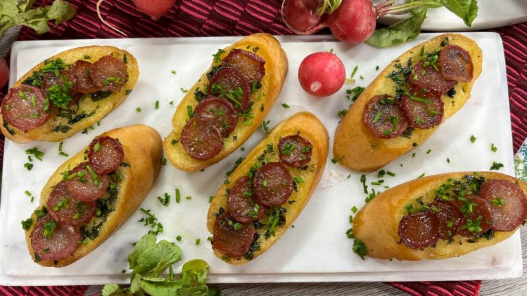 Toasted Baguettes Topped With Basil Honey Butter And Saut Ed Radishes   Img 