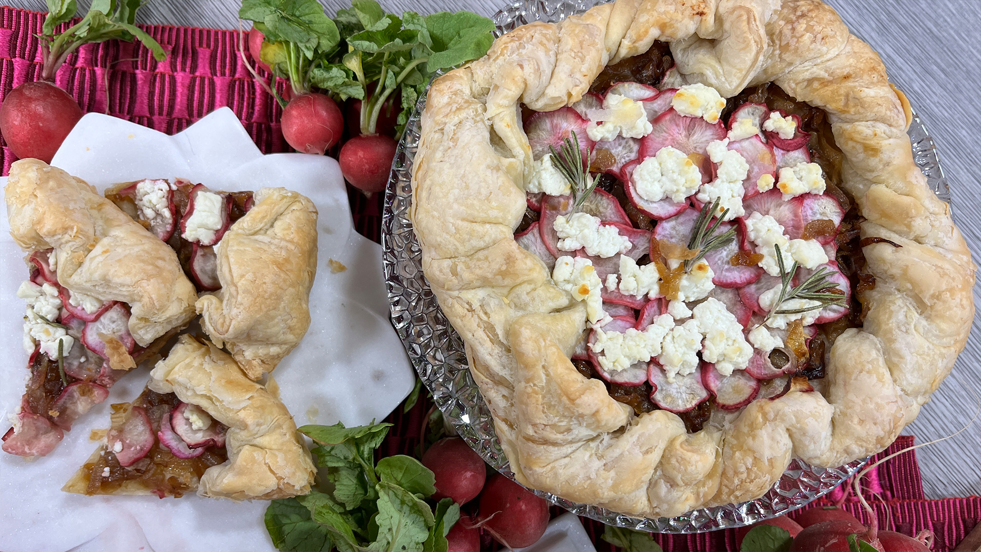 Caramelized onion and radish galette, with goat cheese and rosemary