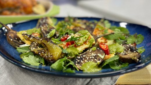 Roasted eggplant and halloumi salad with green tahini and honey dressing