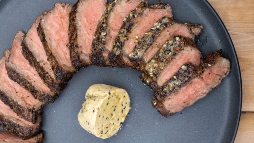 Campfire steaks with nori salt seasoning and wasabi butter