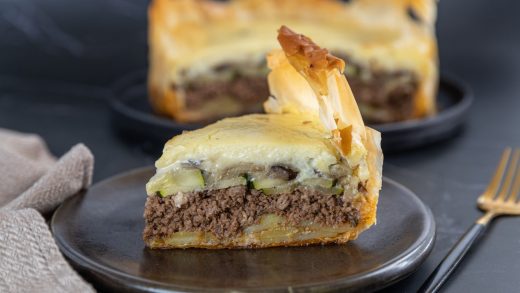 Moussaka with fill pastry crown