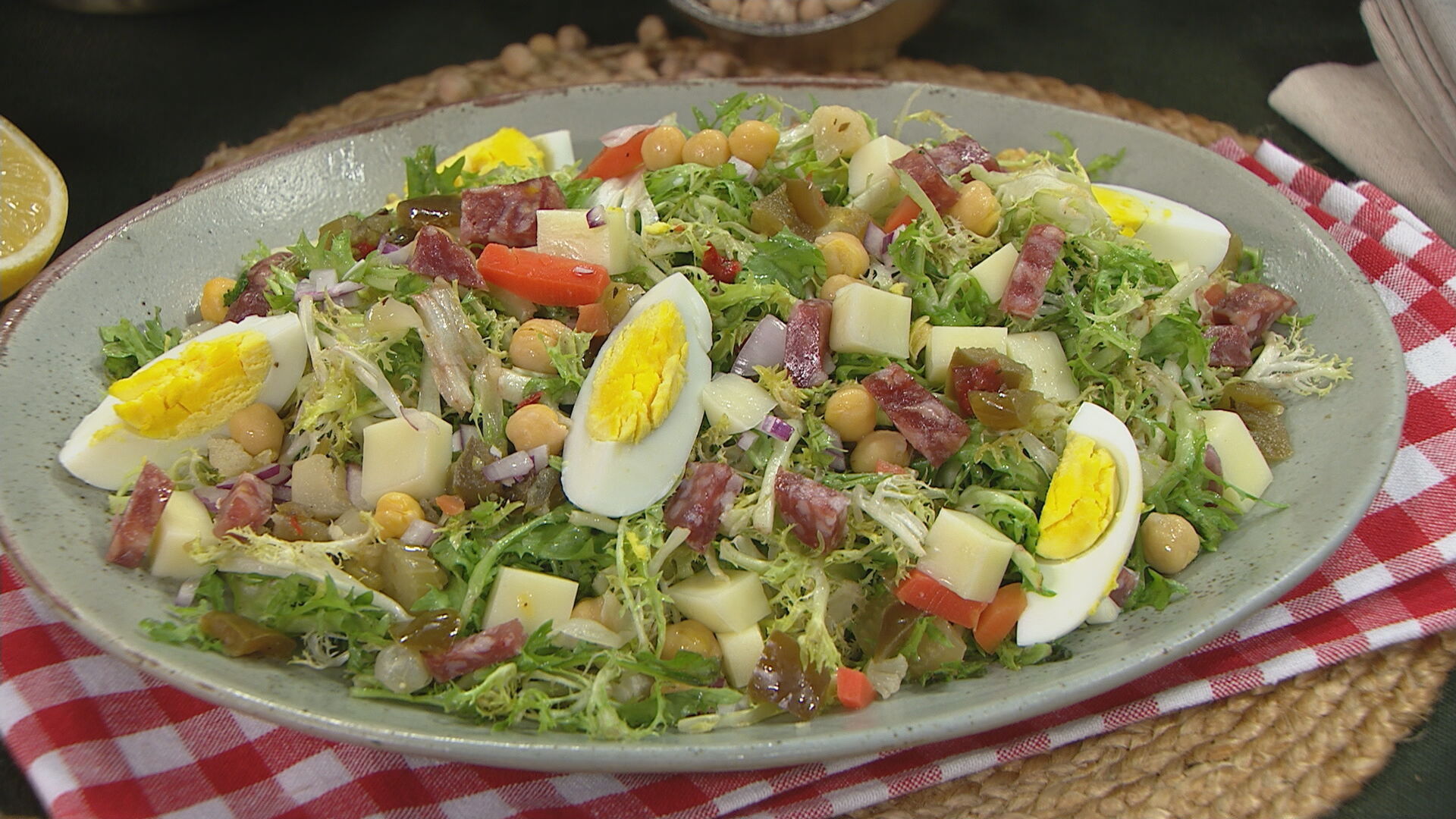 Chopped Frisée Salad with Salami and Boiled Eggs