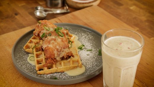 Chicken and waffles with maple rum gravy