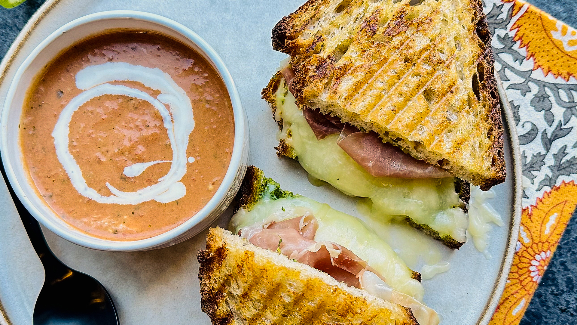 Tomato Soup and Pesto Grilled Cheese