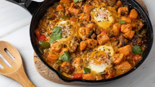 Brunch skillet with sweet potato, sausage and egg