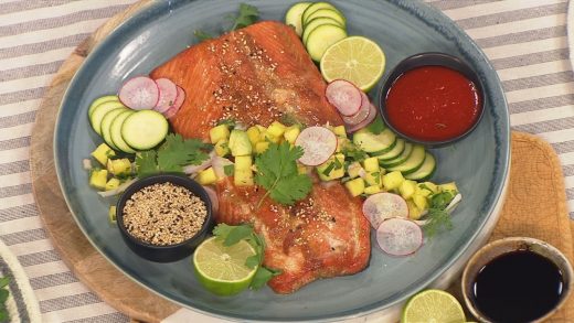 Sriracha Maple Salmon with Avocado Pineapple Salsa