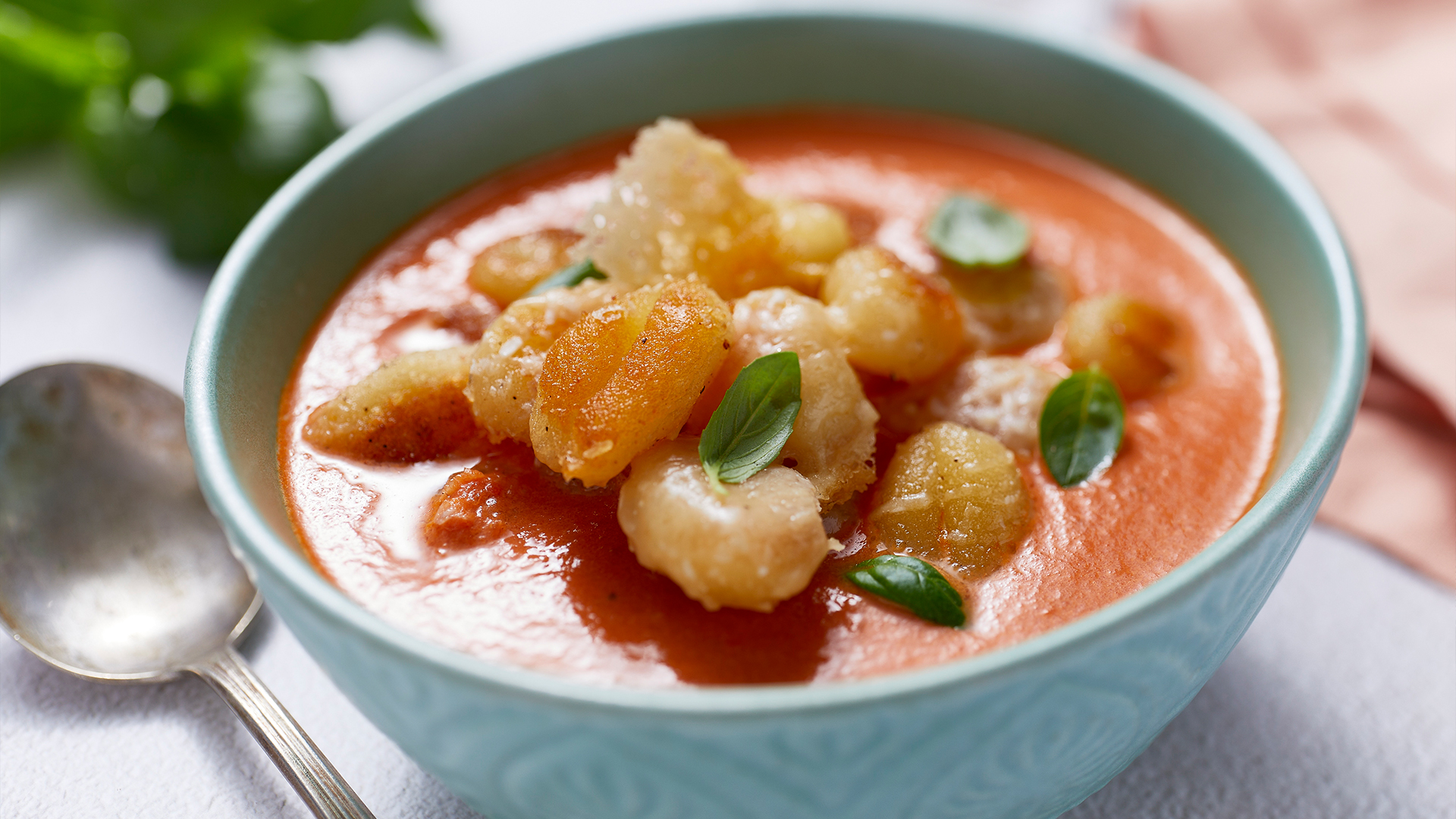 Creamy Tomato Soup with Crispy Cheesy Gnocchi