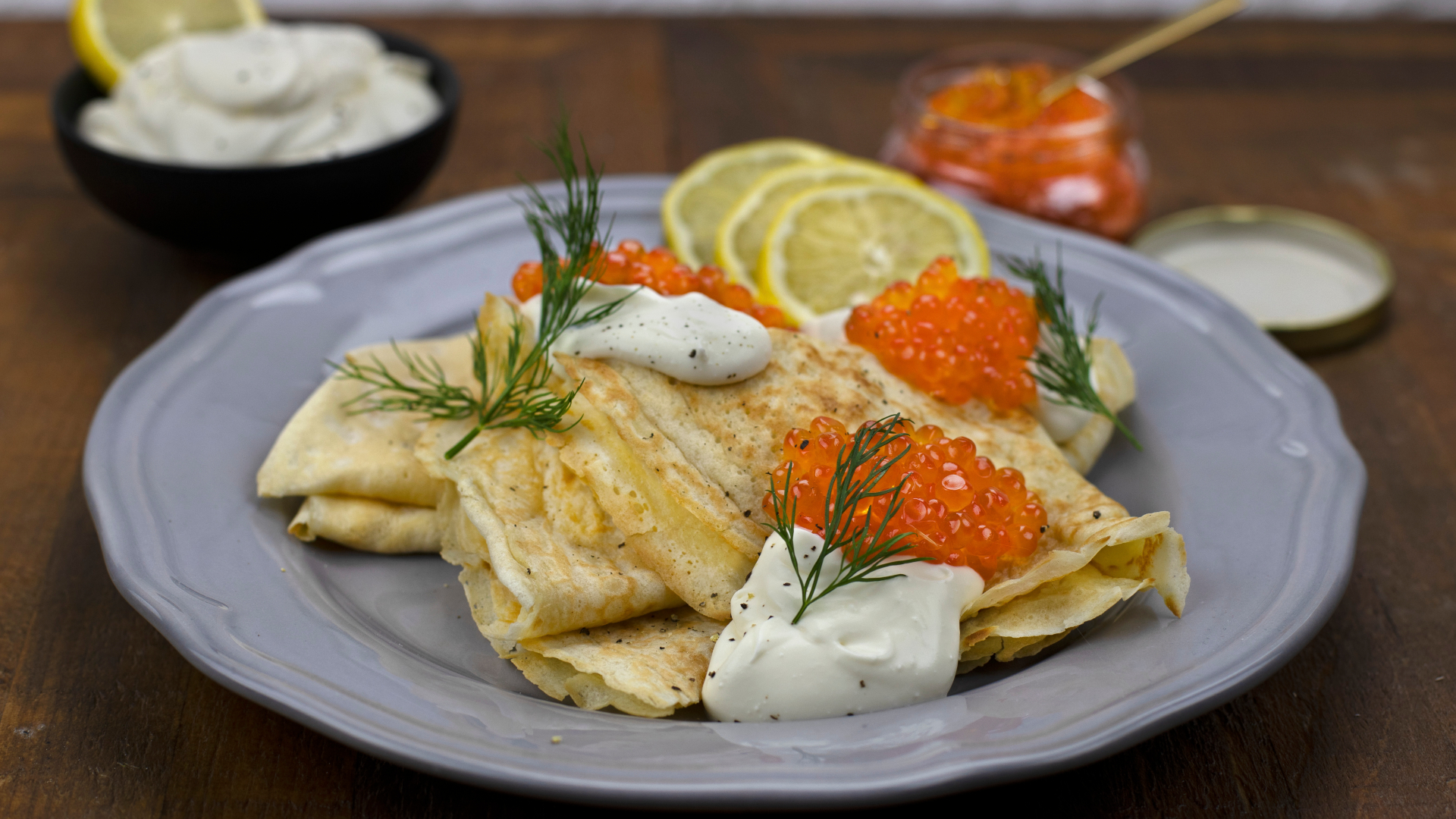 Russian crepes with red caviar