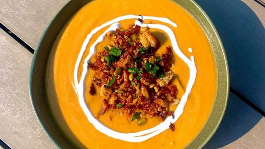 Bourbon spiked butternut squash soup with bacon crumble