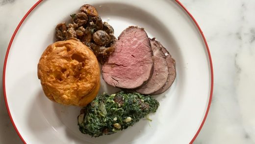 Roast beef with mushroom fricasse, creamed spinach and yorkshire pudding