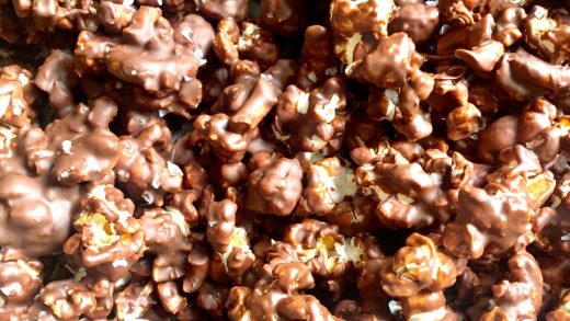 Dark chocolate, pretzel and peanut popcorn clusters