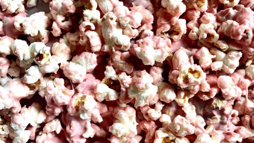 White chocolate, raspberry and pistachio popcorn clusters