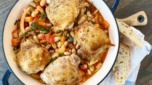 Roasted chicken thighs and bean stew