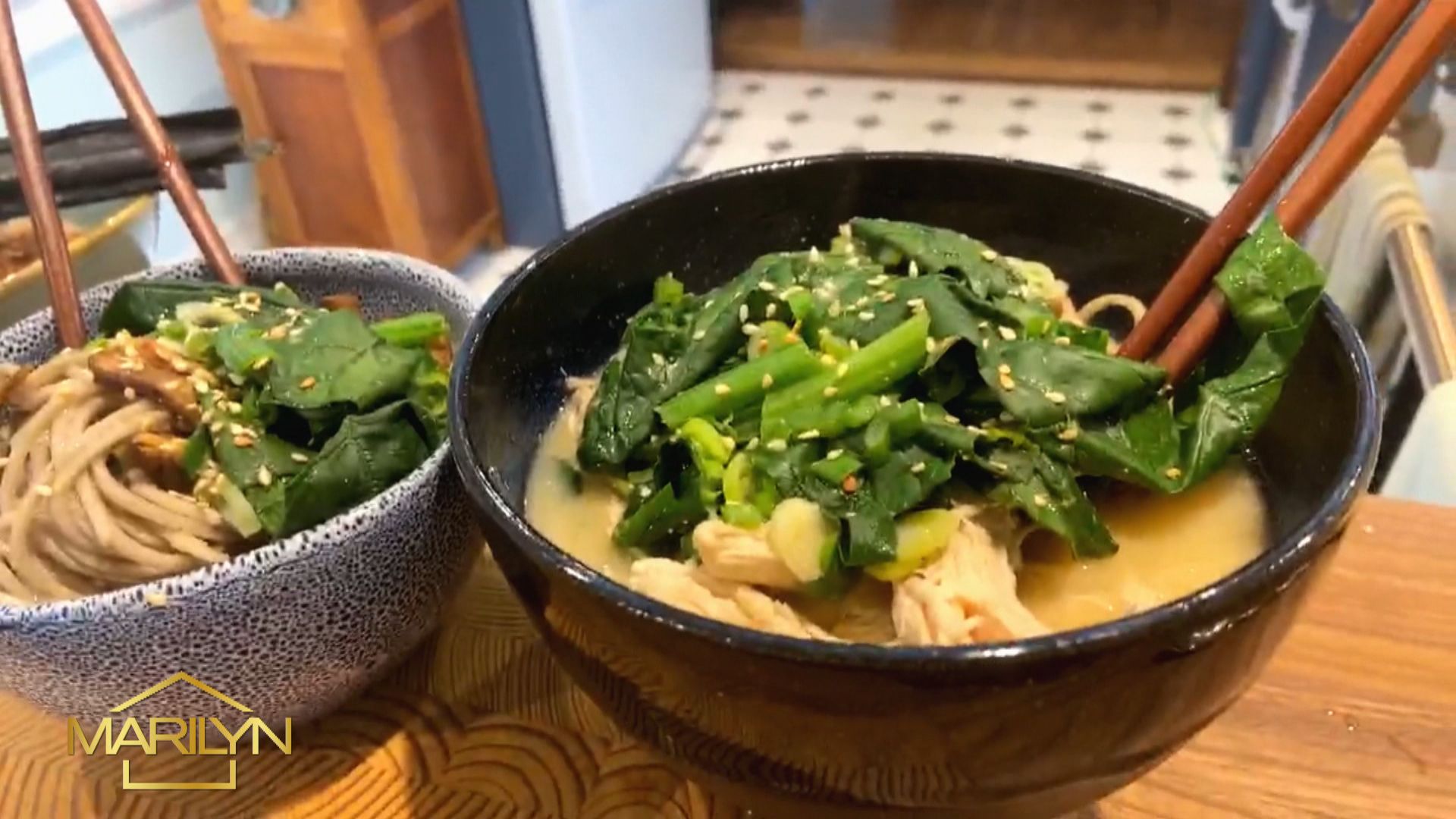 Ginger miso soup with greens and soba noodles