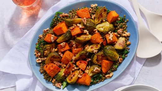 Miso maple brussels sprouts and sweet potatoes with lentils