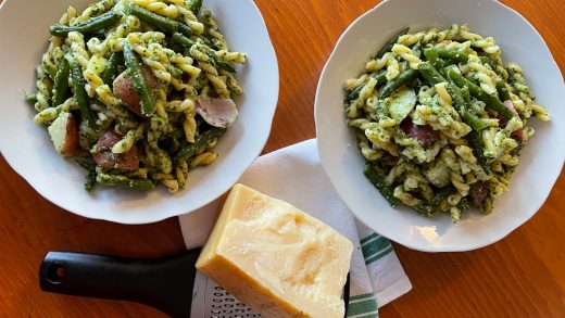 Gemelli with classic pesto, potatoes, and green beans