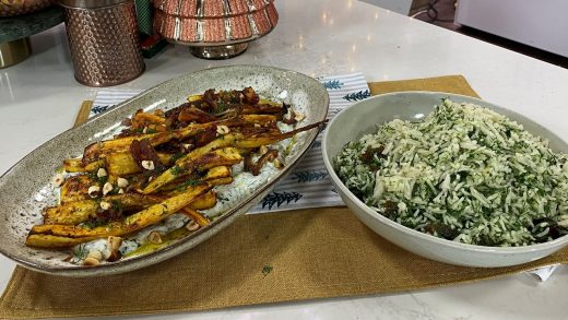 Honey-roasted parsnips with date and dill rice and tzatziki