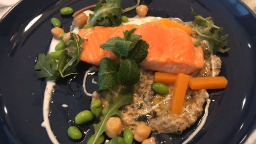 Pan-roasted salmon with minted baba ghanoush and honeyed yoghurt dressing