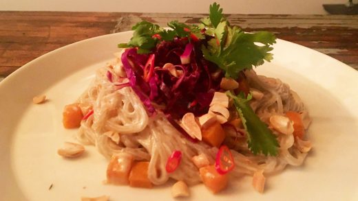 Sweet potato noodles with ginataan sauce and red cabbage slaw
