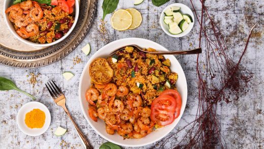 Vegetable quinoa and garlic shrimp