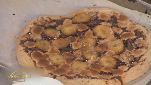 Banana chocolate hazelnut pizza with marshmallows and caramel