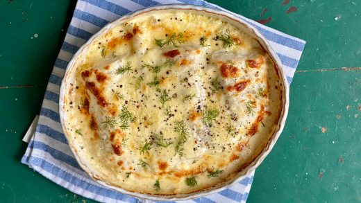 Melt-in-the-mouth creamy fennel and fish gratin