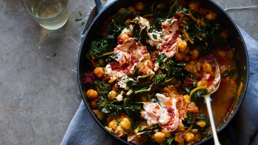 Quick chickpea braise with kale and harissa