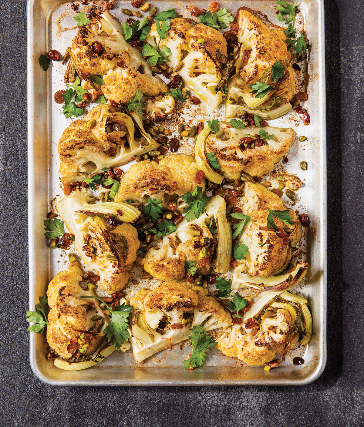 Roasted cauliflower with pistachios and golden raisins