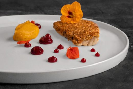 Pumpkin seed crusted snapper with curry pumpkin puree and hibiscus fluid gel