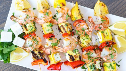 Grilled shrimp and feta kebabs