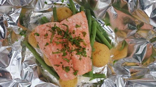 Fingerlings, green beans, salmon and pesto foil packets