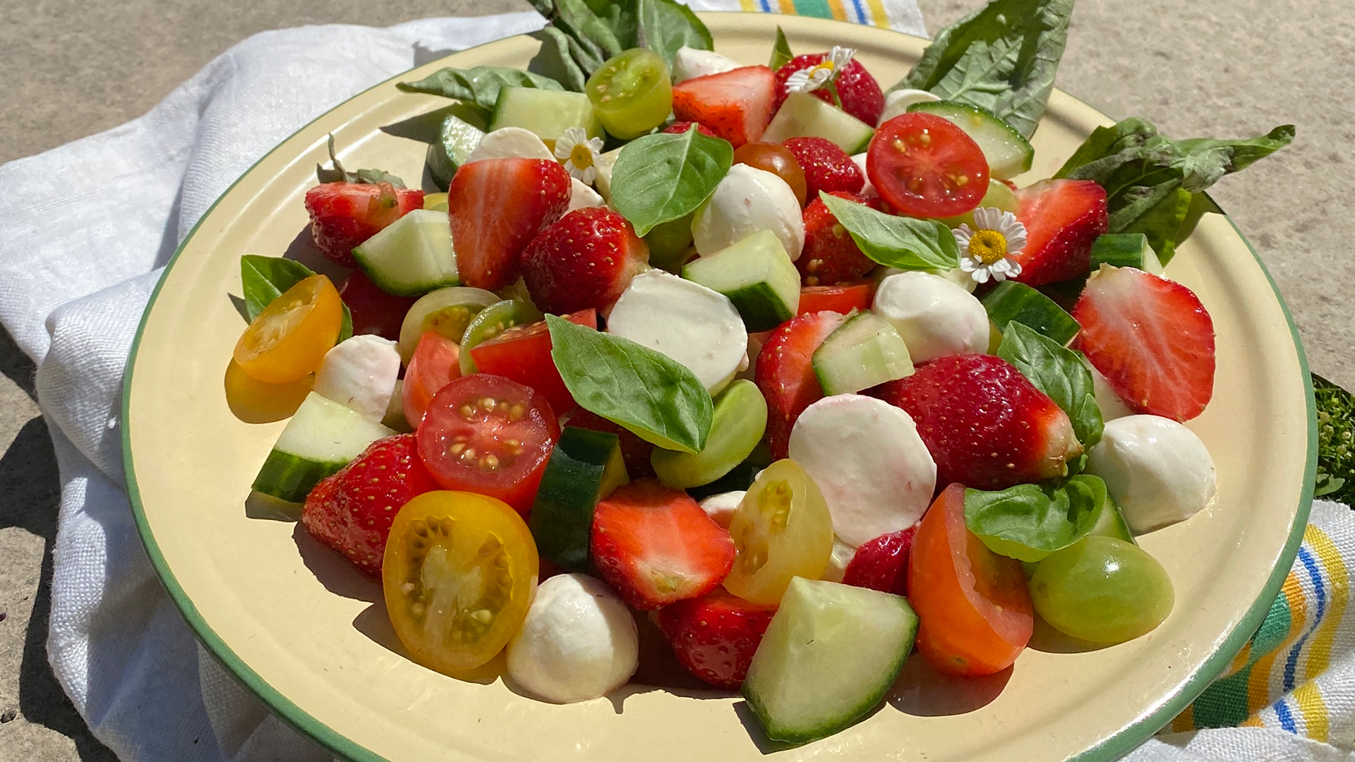 Summer strawberry and cucumber caprese salad