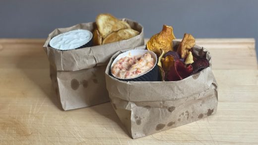 Kettle rainbow root vegetable chips with sun-dried tomato mayo and tzatziki sauce