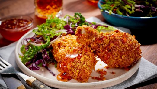 Oven fried chicken with spicy honey and slaw