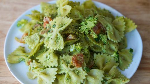Broccoli stem pesto pasta salad