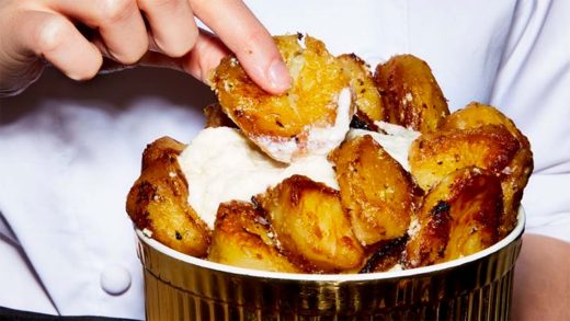 Lemon-roasted potatoes with feta dressing