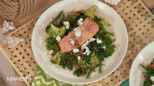Quinoa, lentil, kale and feta salad with grilled salmon﻿﻿