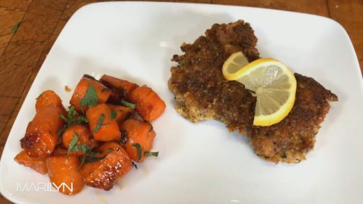 Crispy, lemon-glazed herb chicken thighs with maple ginger carrots