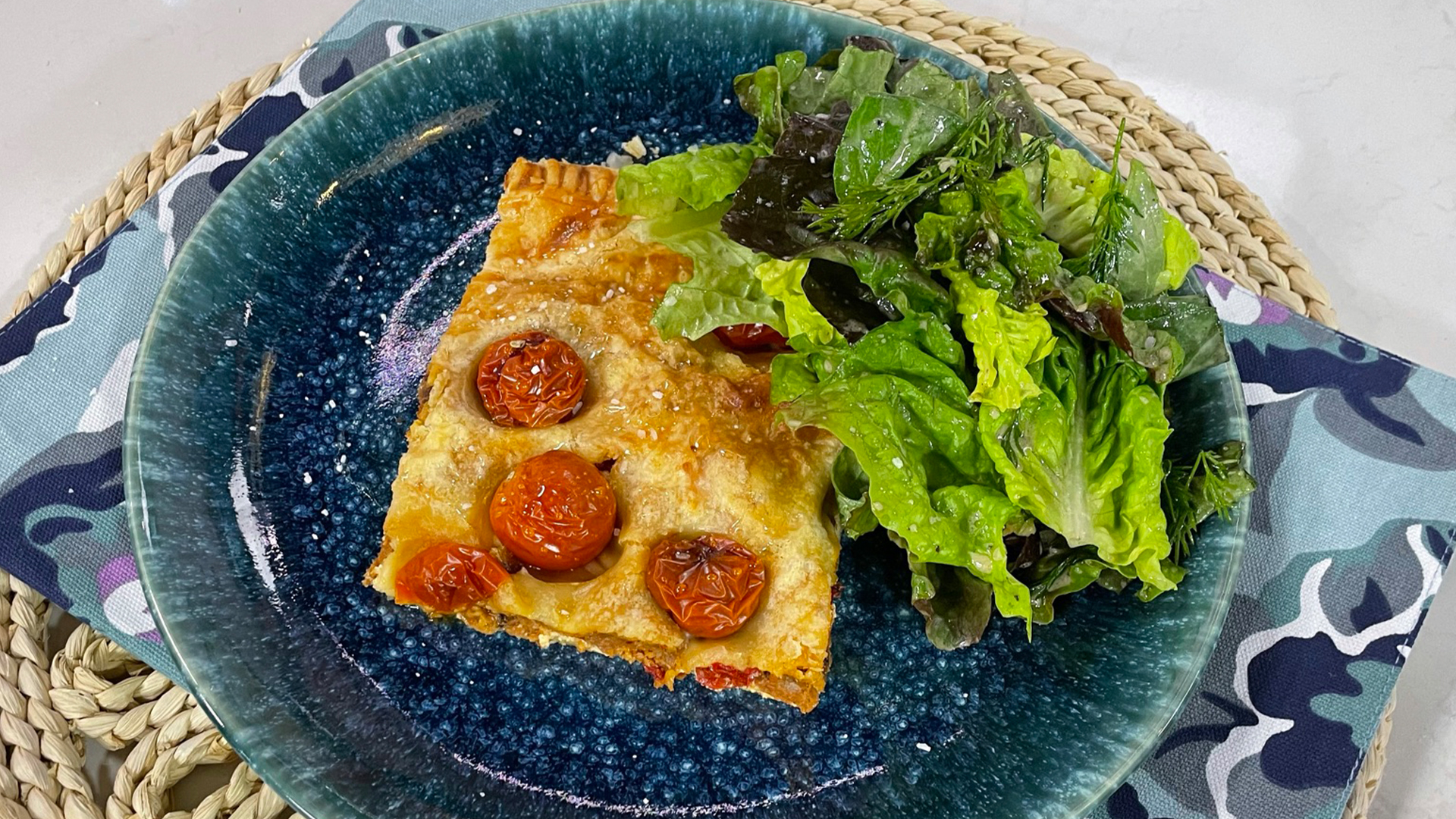 Ricotta chorizo tart ﻿with red oak and dill salad ﻿