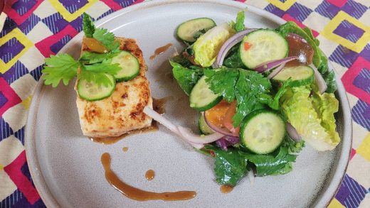 Miso glazed halibut with crispy rice salad